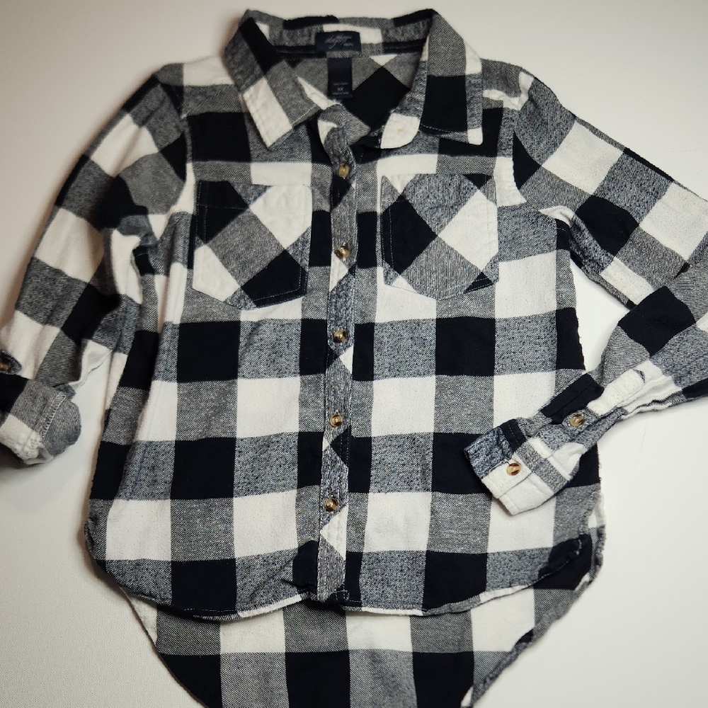 Buckle Daytrip Youth Black White Buffalo Plaid Long Sleeve Flannel Shirt M